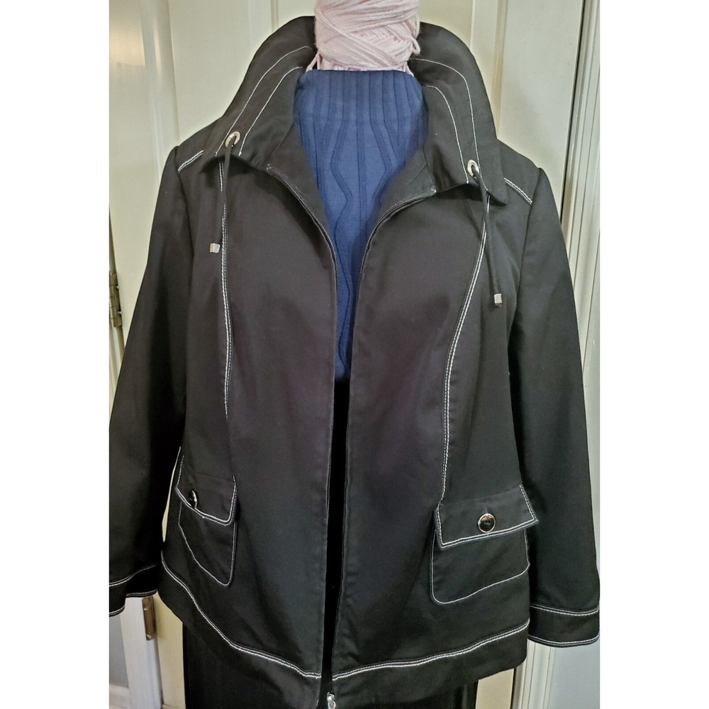 Sz 16W Blk Woven Zip Up Jacket White Top Stitch TAN JAY Flap‎ Pocket Big Collar